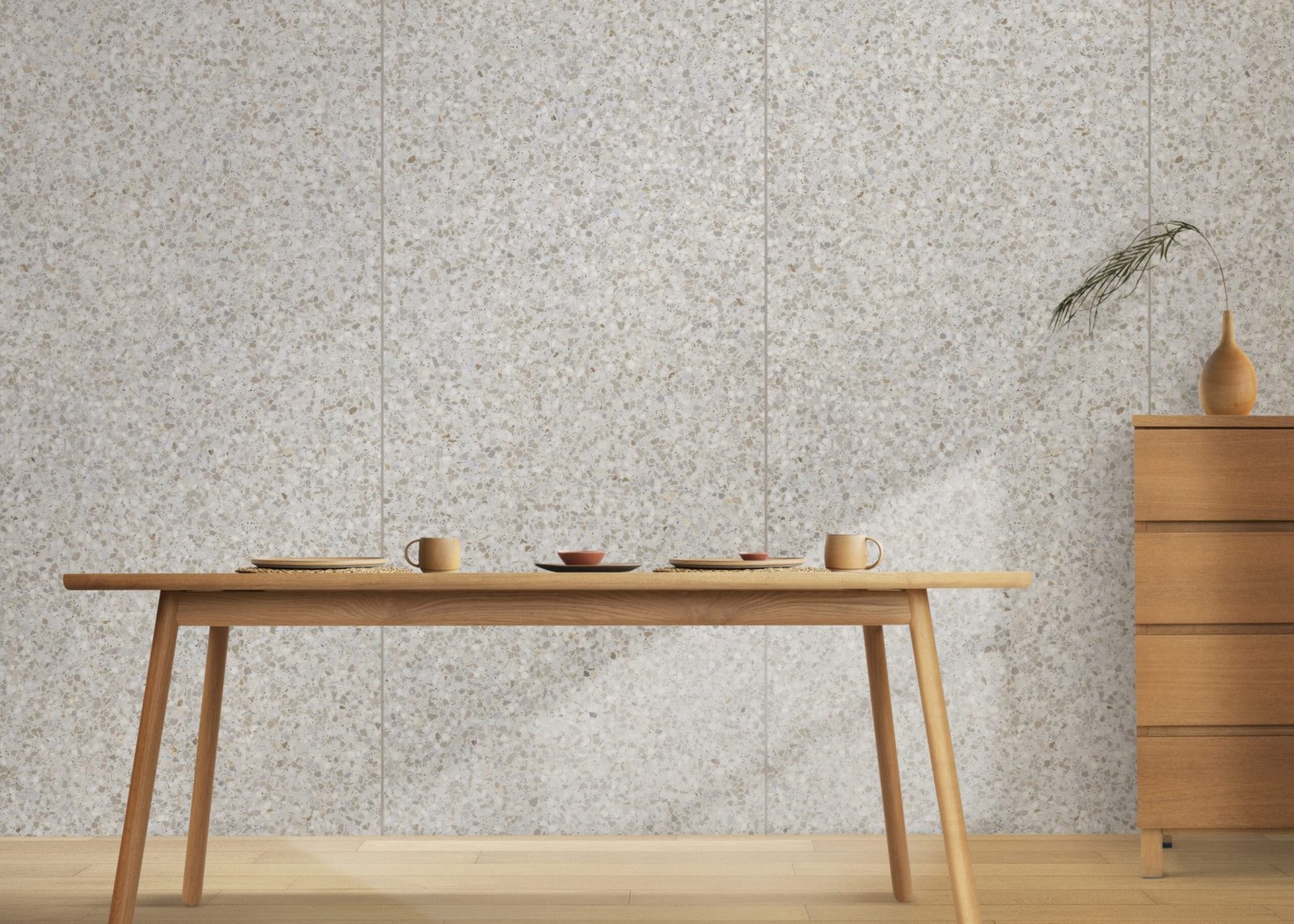 Japandi dining interior mockup psd with wooden furniture